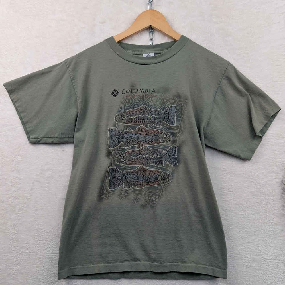 VTG Columbia T-Shirt Men's M Green Trout Fish Nature Outdoor Single Stitch 90s